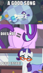 Size: 700x1190 | Tagged: safe, edit, edited screencap, screencap, rarity, starlight glimmer, pony, unicorn, canterlot boutique, caption, drama, female, image macro, mare, meme, op is a cuck, plot, reaction image, rules of rarity