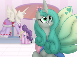 Size: 1180x882 | Tagged: safe, artist:faith-wolff, queen chrysalis, reversalis, suri polomare, alicorn, changeling, changeling queen, earth pony, pony, fanfic:the bridge, fanfic:the bridge: sound of thunder, clothes, dark mirror universe, dress, duchess chrysalis, duo, female, mannequin, mare, mirror universe, pince-nez, ponyquin, story included