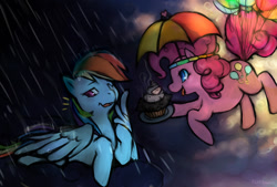 Size: 1280x864 | Tagged: safe, artist:bearbun, derpibooru import, pinkie pie, rainbow dash, earth pony, pegasus, pony, balloon, cloud, cloudy, cupcake, flying, hat, rain, umbrella hat