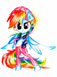 Size: 2120x2821 | Tagged: safe, artist:liaaqila, derpibooru import, rainbow dash, pegasus, pony, dance magic, equestria girls, spoiler:eqg specials, bipedal, ear piercing, female, looking at you, mare, piercing, rapper dash, simple background, solo, traditional art, white background