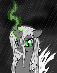 Size: 2160x2746 | Tagged: safe, artist:neko-me, queen chrysalis, changeling, changeling queen, crying, looking at you, magic, monochrome, neo noir, partial color, rain, solo