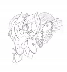 Size: 2054x2207 | Tagged: safe, artist:pajama-ham, derpibooru import, applejack, rainbow dash, earth pony, pegasus, pony, appledash, female, lesbian, monochrome, shipping, traditional art