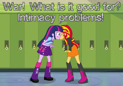 Size: 896x630 | Tagged: safe, sunset shimmer, twilight sparkle, equestria girls, blushing, cards against equestria girls, female, kissing, lesbian, sunsetsparkle