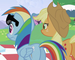 Size: 772x616 | Tagged: safe, derpibooru import, screencap, applejack, rainbow dash, earth pony, pegasus, pony, lesson zero, cropped, female, mare, plot, sunglasses