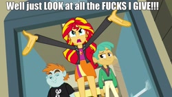 Size: 1920x1080 | Tagged: safe, snails, snips, sunset shimmer, equestria girls, humanized, no fucks, text, vulgar, yugioh abridged