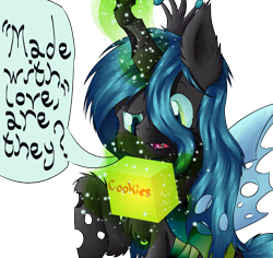 Size: 1903x1795 | Tagged: safe, artist:tricolor42, queen chrysalis, changeling, changeling queen, box, cookie, cute, cutealis, ear fluff, female, fluffy, magic, solo