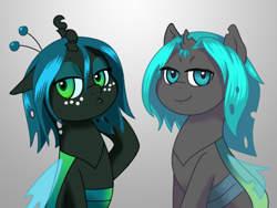 Size: 758x569 | Tagged: safe, artist:syggie, queen chrysalis, oc, oc:sketchy, changeling, changeling queen, nymph, ask the changeling princess, cute, cutealis, female, filly, filly queen chrysalis, foal, gradient background, princess chrysalis, style emulation, younger