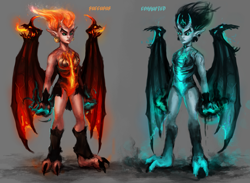 Size: 1741x1271 | Tagged: safe, artist:elkaart, sunset satan, sunset shimmer, demon, succubus, equestria girls, corrupted, demon form, ear piercing, earring, fire, glowing eyes, horns, jewelry, piercing, solo, wings