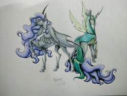 Size: 4160x3120 | Tagged: safe, artist:begasus, nightmare moon, queen chrysalis, alicorn, changeling, changeling queen, pony, chrysmoon, duo, female, leonine tail, lesbian, mare, raised hoof, realistic horse legs, shipping, traditional art, wing claws