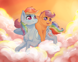 Size: 3000x2400 | Tagged: safe, artist:dedonnerwolke, derpibooru import, rainbow dash, scootaloo, pegasus, pony, cloud, cute, cutealoo, dashabetes, duo, female, filly, mare, scootalove, sky, smiling