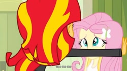 Size: 1585x885 | Tagged: safe, screencap, fluttershy, sunset shimmer, equestria girls, meme, youtube caption, youtube link