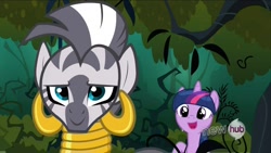 Size: 1280x720 | Tagged: safe, derpibooru import, edit, screencap, twilight sparkle, zecora, zebra, magic duel, inverted mouth