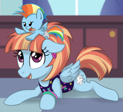 Size: 770x700 | Tagged: safe, artist:ta-na, derpibooru import, rainbow dash, windy whistles, pegasus, pony, baby, baby dash, baby pony, clothes, cute, dashabetes, female, hnnng, like mother like daughter, mare, mother and child, mother and daughter, parent and child, smiling, tongue out, windybetes, younger