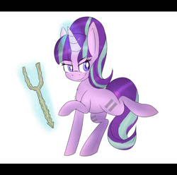 Size: 918x911 | Tagged: safe, artist:dweebpone, starlight glimmer, pony, unicorn, both cutie marks, female, glowing horn, horn, looking sideways, magic, mare, raised hoof, raised leg, s5 starlight, simple background, smiling, smirk, solo, staff, staff of sameness, standing, three quarter view, white background