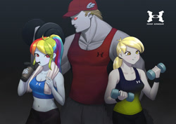 Size: 1228x868 | Tagged: safe, artist:agaberu, derpibooru import, bulk biceps, derpy hooves, rainbow dash, equestria girls, belly button, bottle, breasts, cleavage, clothes, drink, drinking, ear piercing, earring, exercise, female, jewelry, male, midriff, piercing, red eyes, shorts, simple background, sports bra, tanktop, towel, under armor, under armour, water bottle, weights