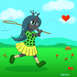 Size: 1000x1000 | Tagged: safe, artist:empyu, queen chrysalis, human, heart, horned humanization, humanized, net, solo