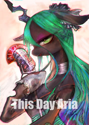 Size: 1062x1500 | Tagged: safe, artist:girlsay, queen chrysalis, changeling, changeling queen, female, horn, microphone, this day aria