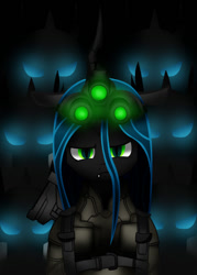 Size: 500x700 | Tagged: safe, artist:galliromanov, queen chrysalis, changeling, changeling queen, armor, female, glowing eyes, looking at you, night vision goggles, solo, splinter cell