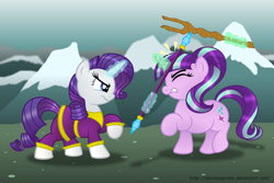 Size: 1024x683 | Tagged: safe, artist:aleximusprime, rarity, starlight glimmer, pony, unicorn, bonk, chouriki sentai ohranger, clothes, commission, crossover, female, power rangers, power rangers zeo, purple ranger, s5 starlight, staff, staff of sameness, super sentai