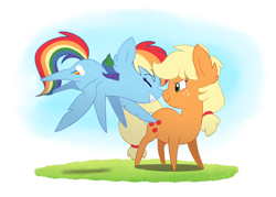 Size: 3503x2507 | Tagged: safe, artist:feellikeaplat, derpibooru import, applejack, rainbow dash, earth pony, pegasus, pony, appledash, boop, butt touch, chibi, eyes closed, feathermarking, female, flying, glare, gradient background, grass, grin, lesbian, never doubt tchernobog's involvement, noseboop, shipping, smiling, smirk, spread wings, wings
