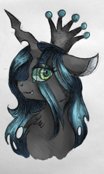 Size: 538x900 | Tagged: safe, artist:mintpencil, queen chrysalis, changeling, changeling queen, bust, chest fluff, cute, cutealis, fangs, female, fluffy, looking at you, portrait, simple background, smiling, solo, white background