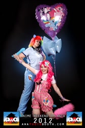 Size: 560x840 | Tagged: safe, derpibooru import, pinkie pie, rainbow dash, human, 2012, anime weekend atlanta, balloon, cosplay, irl, irl human, leg warmers, overalls, photo