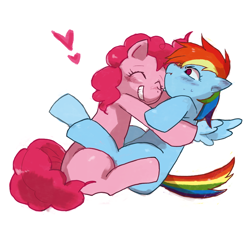 Size: 1360x1280 | Tagged: safe, artist:ao-kimidori, derpibooru import, pinkie pie, rainbow dash, earth pony, pegasus, pony, :t, blank flank, blushing, cute, exclamation point, eyes closed, female, frown, grin, happy, heart, holding, hug, lesbian, on back, pinkiedash, pixiv, pouting, shipping, simple background, smiling, spread wings, sweat, wide eyes, wink