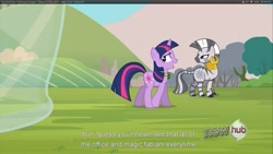 Size: 1920x1080 | Tagged: safe, derpibooru import, screencap, twilight sparkle, zecora, zebra, magic duel, youcap dump, youtube caption