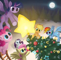 Size: 2709x2668 | Tagged: safe, artist:quadren4, derpibooru import, applejack, fluttershy, pinkie pie, rainbow dash, rarity, twilight sparkle, twilight sparkle (alicorn), alicorn, earth pony, pegasus, pony, unicorn, christmas, christmas lights, christmas tree, female, horseshoes, ladder, lights, mane six, mare, moon, ornament, ornaments, stars, tree