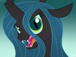 Size: 1600x1200 | Tagged: safe, artist:luminousdazzle, queen chrysalis, changeling, changeling queen, bust, fangs, nose wrinkle, portrait, scowl, sharp teeth, solo