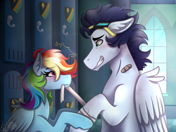 Size: 2400x1800 | Tagged: safe, artist:kikirdcz, derpibooru import, rainbow dash, soarin', pegasus, pony, alternate hairstyle, bandage, bandaid, blushing, female, floppy ears, goggles, injured, locker room, male, mare, mouth hold, shipping, soarindash, stallion, story in the comments, straight