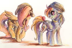 Size: 1474x976 | Tagged: source needed, safe, artist:buttersprinkle, derpibooru import, fluttershy, rainbow dash, pegasus, pony, beanie, blushing, clothes, cute, dashabetes, floppy ears, hat, shy, shyabetes, traditional art