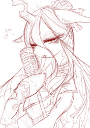 Size: 708x1000 | Tagged: safe, artist:girlsay, queen chrysalis, changeling, changeling queen, microphone, monochrome, music notes, singing, sketch, solo