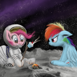 Size: 900x900 | Tagged: dead source, safe, artist:peasantb, derpibooru import, pinkie pie, rainbow dash, earth pony, pegasus, pony, astronaut, cupcake, moon, roasting, spacesuit