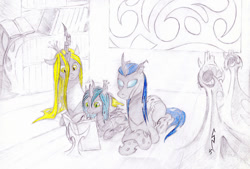 Size: 900x610 | Tagged: safe, artist:crystalightrocket, queen chrysalis, oc, changeling, changeling queen, blue changeling, book, changeling queen oc, female, parent, prone, reading, traditional art, yellow changeling, young, younger