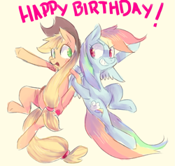 Size: 1247x1175 | Tagged: safe, artist:spanish-scoot, derpibooru import, applejack, rainbow dash, earth pony, pegasus, pony, birthday, grin, happy, happy birthday, simple background, smiling