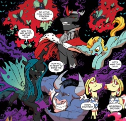Size: 1374x1324 | Tagged: safe, artist:andypriceart, idw, flam, flim, iron will, king sombra, lightning dust, queen chrysalis, changeling, changeling queen, minotaur, pegasus, pony, umbrum, unicorn, siege of the crystal empire, spoiler:comic, spoiler:comic35, antagonist, eyes closed, facial hair, female, flim flam brothers, male, mare, moustache, nose piercing, nose ring, official comic, piercing, smoke, speech bubble, stallion