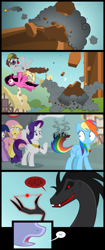 Size: 1299x3086 | Tagged: safe, artist:culu-bluebeaver, derpibooru import, rainbow dash, rarity, twilight sparkle, oc, oc:pinkanon, oc:plague, oc:ruby, earth pony, pegasus, pony, unicorn, comic:the six-winged serpent, clocktower, comic, debris, dialogue, element of generosity, element of kindness, element of loyalty, element of magic, elements of harmony, open mouth, ponyville, red and black oc, sarge sprinkles, smoke, speech bubble