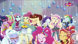 Size: 1920x1080 | Tagged: safe, derpibooru import, screencap, applejack, fluttershy, lemon zest, pinkie pie, rainbow dash, rarity, sci-twi, sour sweet, sugarcoat, sunny flare, sunset shimmer, twilight sparkle, dance magic, equestria girls, spoiler:eqg specials, armpits, clothes, cute, eyes closed, female, glasses, hat, headphones, open mouth, ponied up, rapper dash, scitwilicorn, shoes, skirt, smiling, teletoon, tutu