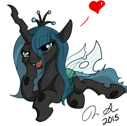 Size: 1000x997 | Tagged: safe, artist:jinyaranda, queen chrysalis, changeling, changeling queen, heart, looking at you, love, open mouth, request, requested art, signature, solo, young