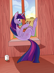 Size: 900x1226 | Tagged: safe, artist:100yearslater, derpibooru import, twilight sparkle, reading, sunrise, tea