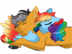 Size: 4000x3000 | Tagged: safe, artist:scarletskitty12, derpibooru import, quibble pants, rainbow dash, earth pony, pegasus, pony, eyes closed, female, male, mare, multicolored hair, prone, quibbledash, shipping, simple background, smiling, stallion, straight, white background