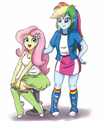 Size: 2952x3507 | Tagged: safe, artist:sumin6301, derpibooru import, fluttershy, rainbow dash, equestria girls, boots, clothes, cute, dashabetes, duo, female, high heel boots, legs, multicolored hair, open mouth, shyabetes, simple background, sitting, skirt, smiling, socks, stool, striped socks, white background