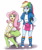 Size: 2952x3507 | Tagged: safe, artist:sumin6301, derpibooru import, fluttershy, rainbow dash, equestria girls, boots, clothes, cute, dashabetes, duo, female, high heel boots, legs, multicolored hair, open mouth, shyabetes, simple background, sitting, skirt, smiling, socks, stool, striped socks, white background