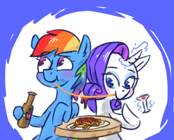 Size: 720x580 | Tagged: safe, artist:rawrienstein, derpibooru import, rainbow dash, rarity, pegasus, pony, unicorn, blushing, cider, female, food, glass, imminent kissing, lady and the tramp, lesbian, pasta, raridash, shipping, spaghetti, spaghetti scene, wine glass