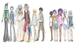 Size: 3401x1985 | Tagged: safe, artist:yuntaoxd, derpy hooves, discord, doctor whooves, double diamond, night glider, party favor, princess celestia, queen chrysalis, starlight glimmer, sugar belle, changeling, human, clothes, dark skin, dress, equal four, equalized, humanized, s5 starlight, staff, staff of sameness