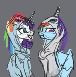 Size: 445x451 | Tagged: safe, artist:jykinturah, derpibooru import, rainbow dash, rarity, pegasus, pony, unicorn, accessory swap, annoyed, clothes, cute, disgruntled, female, hoodie, lesbian, mare, raridash, shipping, sketch