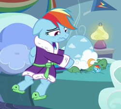 Size: 542x488 | Tagged: safe, derpibooru import, screencap, rainbow dash, tank, pegasus, pony, tanks for the memories, bathrobe, clothes, cropped, dashie slippers, slippers, tank slippers