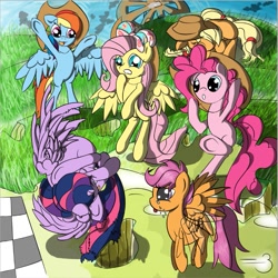 Size: 781x780 | Tagged: safe, artist:nyashaponyasha, derpibooru import, applejack, fluttershy, pinkie pie, rainbow dash, scootaloo, twilight sparkle, twilight sparkle (alicorn), alicorn, earth pony, pegasus, pony, female, mare