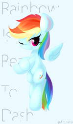 Size: 2200x3700 | Tagged: safe, artist:aitureria, derpibooru import, rainbow dash, pegasus, pony, cute, looking at you, simple background, smiling, solo, text, wallpaper
